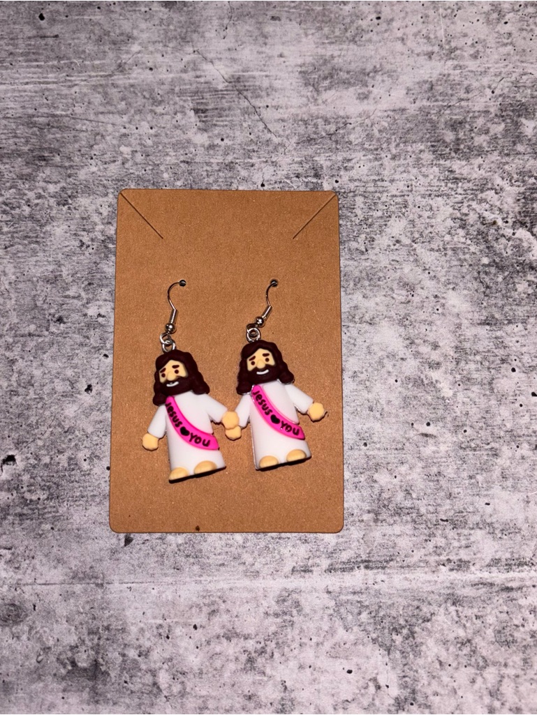 Handmade Jesus Loves You Earrings New Pink Sash